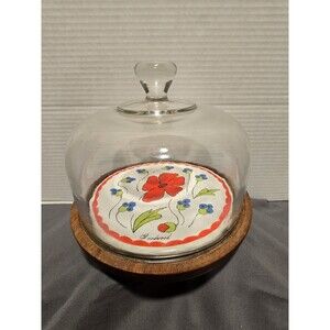 VTG Goodwood Flower Cheese Board Footed Tray 7” Glass Cover Shabby Chic 1970s